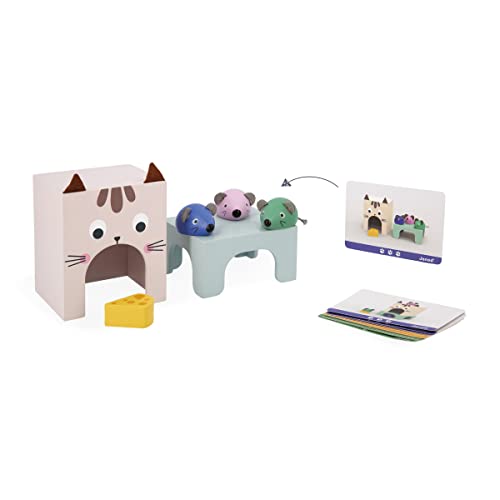 Janod - Gama Pedagogía - Orientarse En El Espacio Gato y Ratón - 6 Accesorios de Madera + 12 Cartas - Juguete Educativo Infantil - A Partir de 36 Meses, J05078