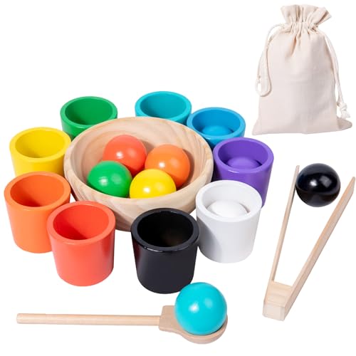 Auvewilo Bolas de Tazas de Juguete Montessori, Clasificación de Color y Forma para la Educación de los Niños, Ejercicio de Motricidad Fina