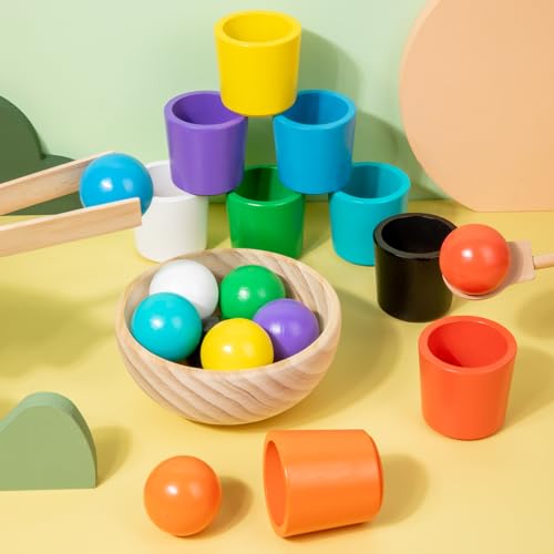 Auvewilo Bolas de Tazas de Juguete Montessori, Clasificación de Color y Forma para la Educación de los Niños, Ejercicio de Motricidad Fina