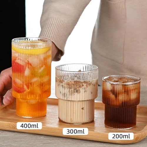 Juego de 4 vasos acanalados de café, vasos de agua, vasos de cóctel acanalados, vasos de café helado, vasos de café latte, estilo origami, vasos largos para leche, café helado, whisky, té (200 ml)