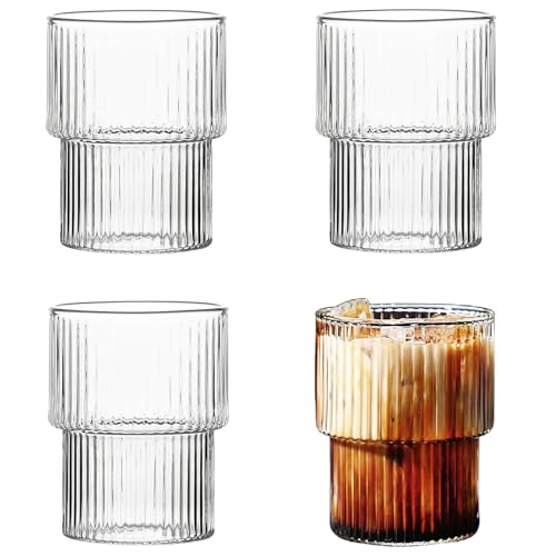 Juego de 4 vasos acanalados de café, vasos de agua, vasos de cóctel acanalados, vasos de café helado, vasos de café latte, estilo origami, vasos largos para leche, café helado, whisky, té (200 ml)