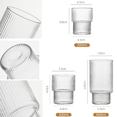 Juego de 4 vasos acanalados de café, vasos de agua, vasos de cóctel acanalados, vasos de café helado, vasos de café latte, estilo origami, vasos largos para leche, café helado, whisky, té (200 ml)