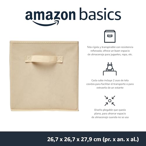 Amazon Basics - Cubos de almacenamiento de tela plegables con asas, 26,6 x 26,6 x 27,9 cm, color beis, paquete de 6 unidades