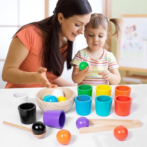 Auvewilo Bolas de Tazas de Juguete Montessori, Clasificación de Color y Forma para la Educación de los Niños, Ejercicio de Motricidad Fina