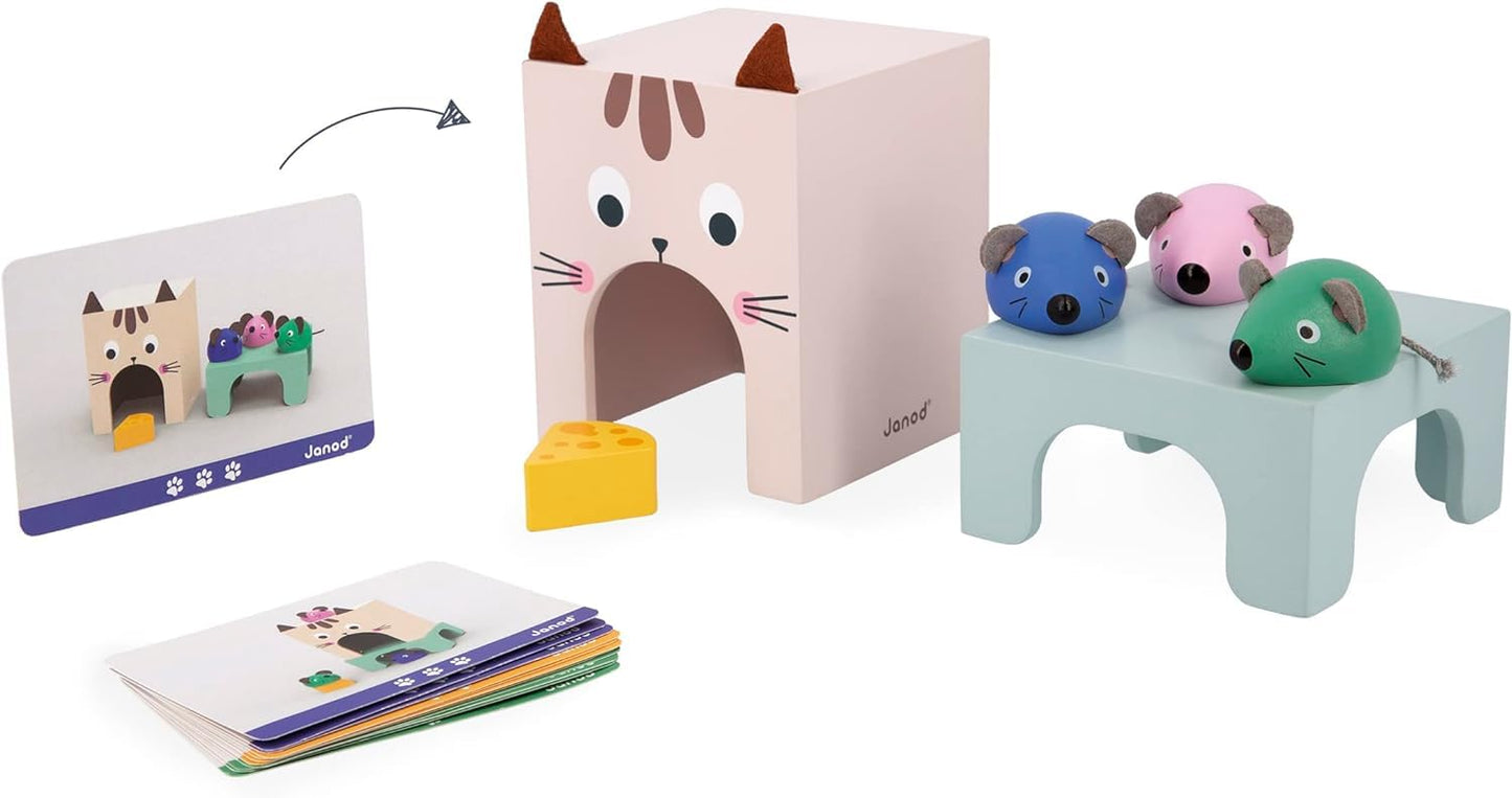 Janod - Gama Pedagogía - Orientarse En El Espacio Gato y Ratón - 6 Accesorios de Madera + 12 Cartas - Juguete Educativo Infantil - A Partir de 36 Meses, J05078