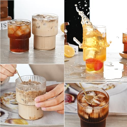 Juego de 4 vasos acanalados de café, vasos de agua, vasos de cóctel acanalados, vasos de café helado, vasos de café latte, estilo origami, vasos largos para leche, café helado, whisky, té (200 ml)