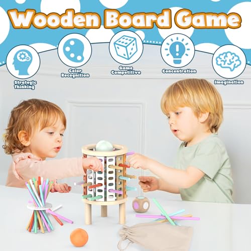 Montessori Juguetes con 28 Palitos de Coloridos Juegos de Mesa Niños Niñas 3 4 5 6 7 8 9 10 11 12 Años Regalo, Juego Educativo Familiar para Cognición y Habilidades Motoras Finas Torre de Madera