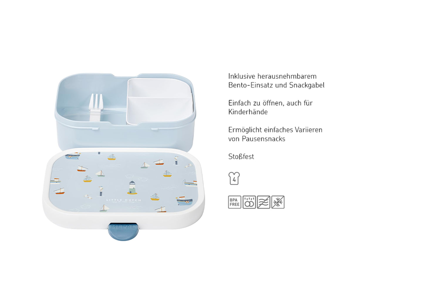 Mepal - Lunch Box Campus Little Dutch - Bento Lunch Box For Children - Lunch Box With Bento Compartment & Fork - Lunch Box With Clip Closure - BPA-free & Dishwasher Safe - 750 ml - Sailors Bay,