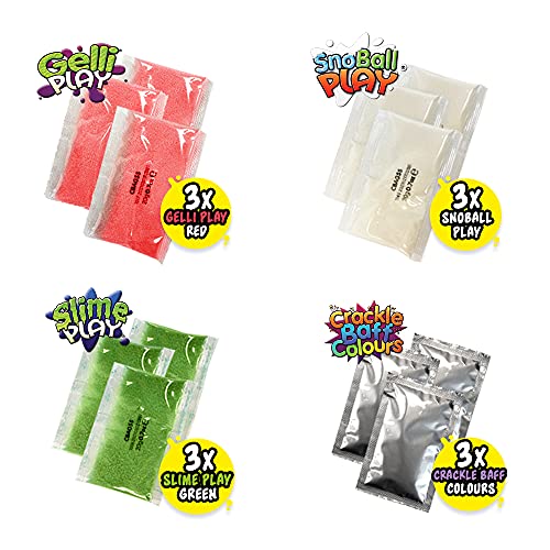 12 Usos Mega Play Pack de Zimpli Kids, 3 x Gelli Play, 3 x Slime Play, 3 x Snoball Play & 3 x Crackle Baff, Juguete de Juego Sensorial para Niños, Actividad de Aprendizaje Educativo