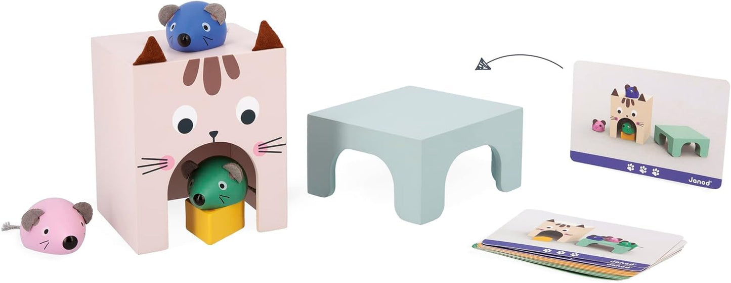 Janod - Gama Pedagogía - Orientarse En El Espacio Gato y Ratón - 6 Accesorios de Madera + 12 Cartas - Juguete Educativo Infantil - A Partir de 36 Meses, J05078