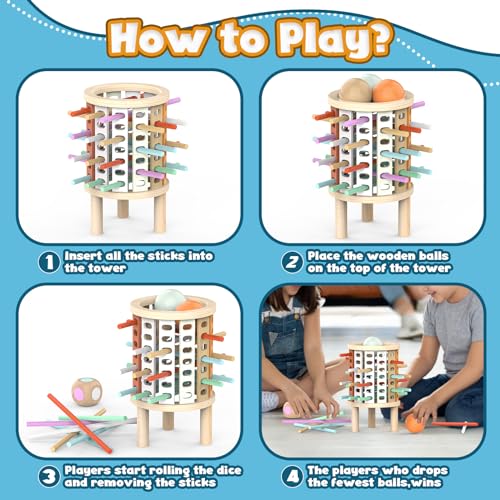 Montessori Juguetes con 28 Palitos de Coloridos Juegos de Mesa Niños Niñas 3 4 5 6 7 8 9 10 11 12 Años Regalo, Juego Educativo Familiar para Cognición y Habilidades Motoras Finas Torre de Madera