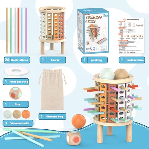 Montessori Juguetes con 28 Palitos de Coloridos Juegos de Mesa Niños Niñas 3 4 5 6 7 8 9 10 11 12 Años Regalo, Juego Educativo Familiar para Cognición y Habilidades Motoras Finas Torre de Madera