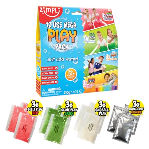 12 Usos Mega Play Pack de Zimpli Kids, 3 x Gelli Play, 3 x Slime Play, 3 x Snoball Play &amp; 3 x Crackle Baff, Juguete de Juego Sensorial para Niños, Actividad de Aprendizaje Educativo