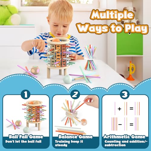 Montessori Juguetes con 28 Palitos de Coloridos Juegos de Mesa Niños Niñas 3 4 5 6 7 8 9 10 11 12 Años Regalo, Juego Educativo Familiar para Cognición y Habilidades Motoras Finas Torre de Madera