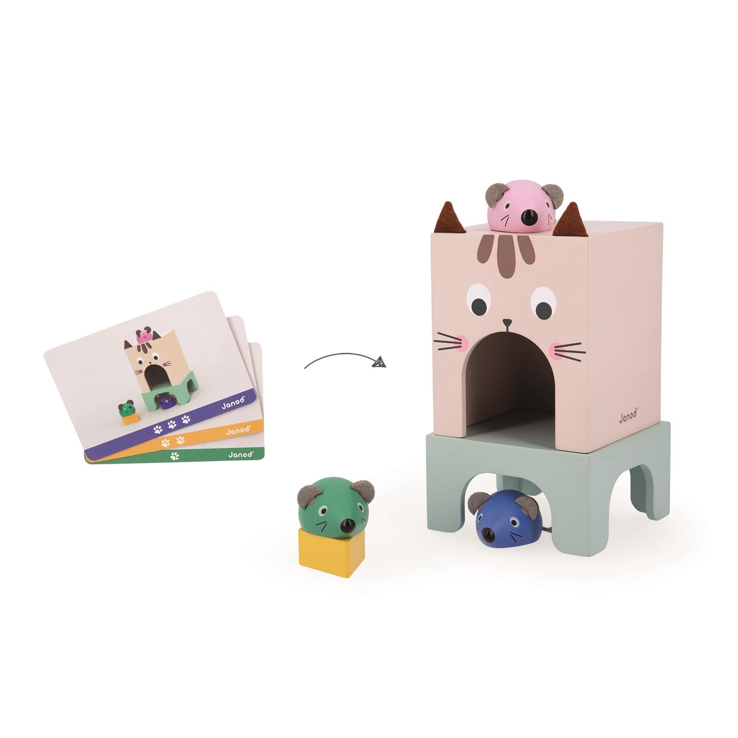 Janod - Gama Pedagogía - Orientarse En El Espacio Gato y Ratón - 6 Accesorios de Madera + 12 Cartas - Juguete Educativo Infantil - A Partir de 36 Meses, J05078