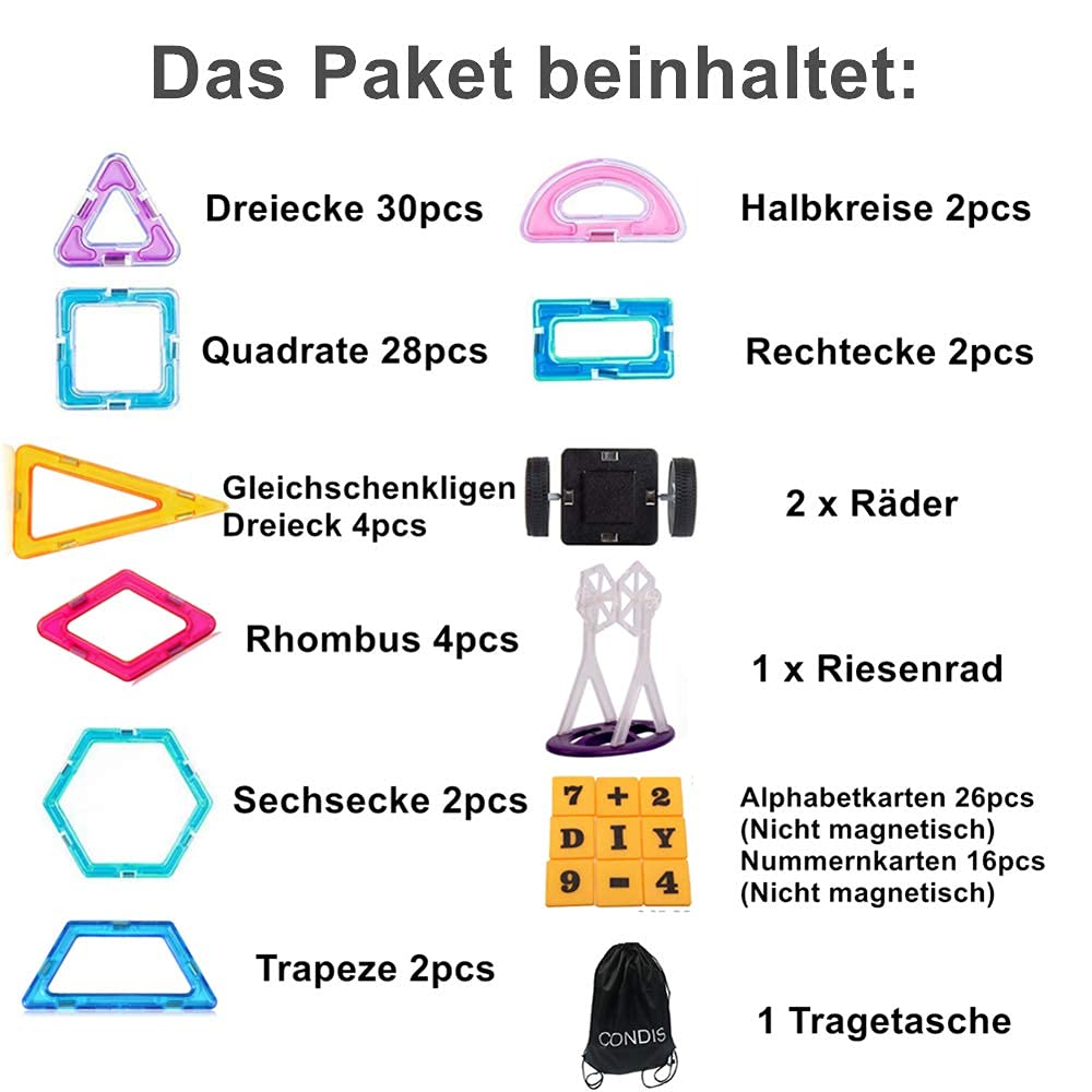 CONDIS 120 Piezas Bloques de Construcción Magnéticos, Juguetes Niños de 3 4 5 6 7 8 Años Juegos Educativos Viaje Juego de Imanes magneticas para Niños Niñas Montessori Regalos