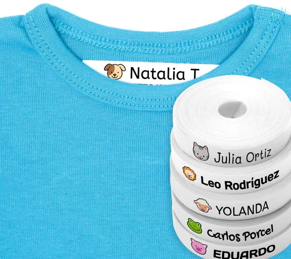 100 Etiquetas personalizadas con nombre e icono de color para marcar la ropa. Tela blanca termoadhesiva para planchar en camisetas, pantalones, abrigos y todo tipo de prendas. (Animales)