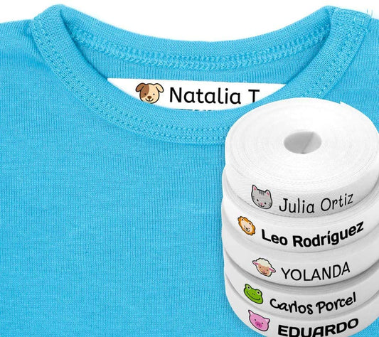 100 Etiquetas personalizadas com nome e ícone de cor para marcar a roupa. Tela branca termoadesiva para planejar camisetas, calças, abrigos e todo tipo de roupa. (Animais)