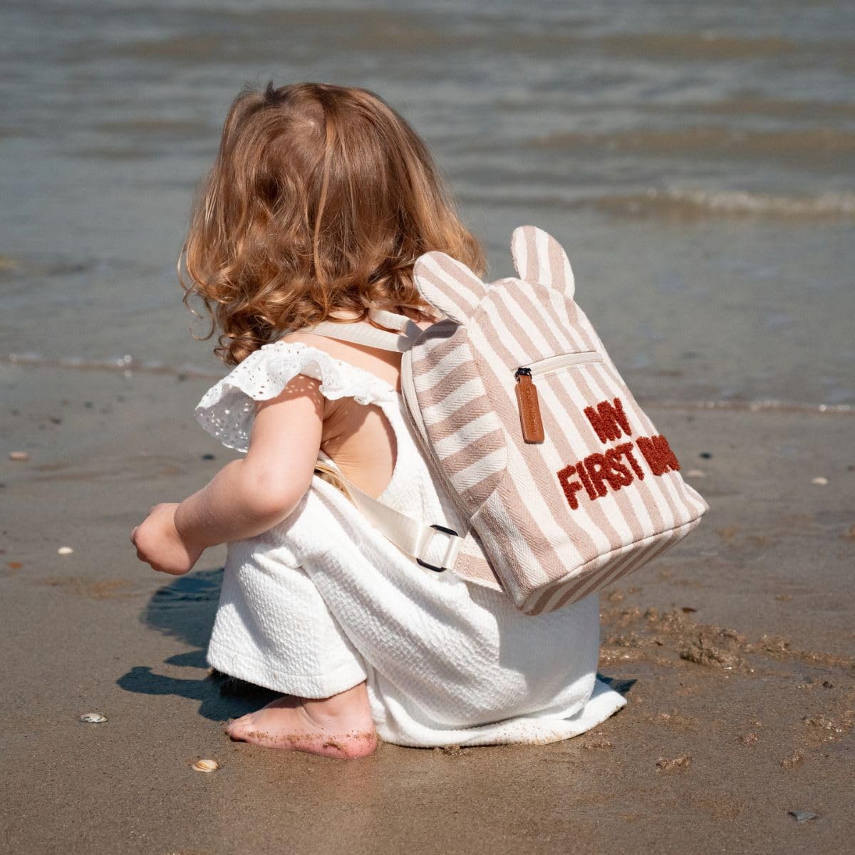 CHILDHOME, Mochila de bebé, escuela, jardín de infancia, guardería, dos compartimentos, bolsa de almuerzo, hebilla de seguridad extraíble, resistente al agua, mi primera bolsa, Rayas Terracotta