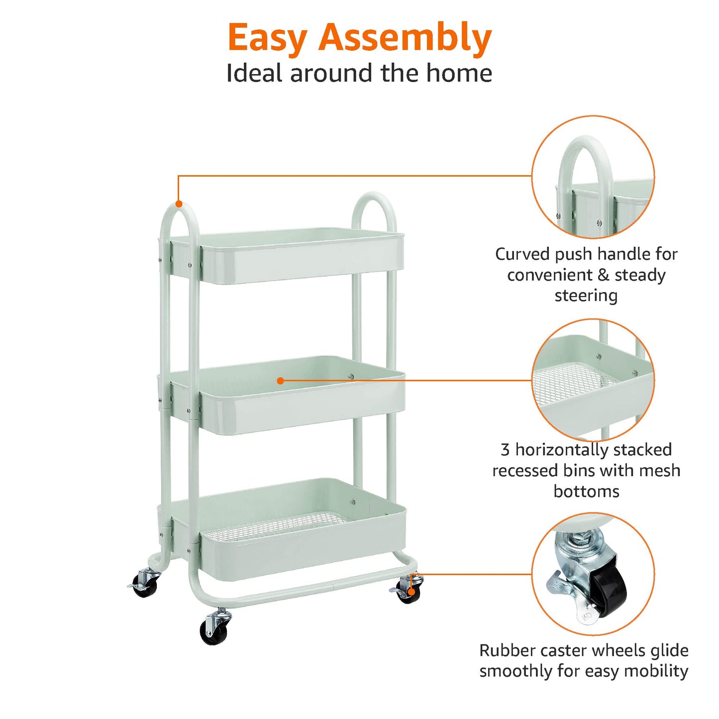 Amazon Basics - Carrito de cocina o multiuso de tres niveles con ruedas en verde menta