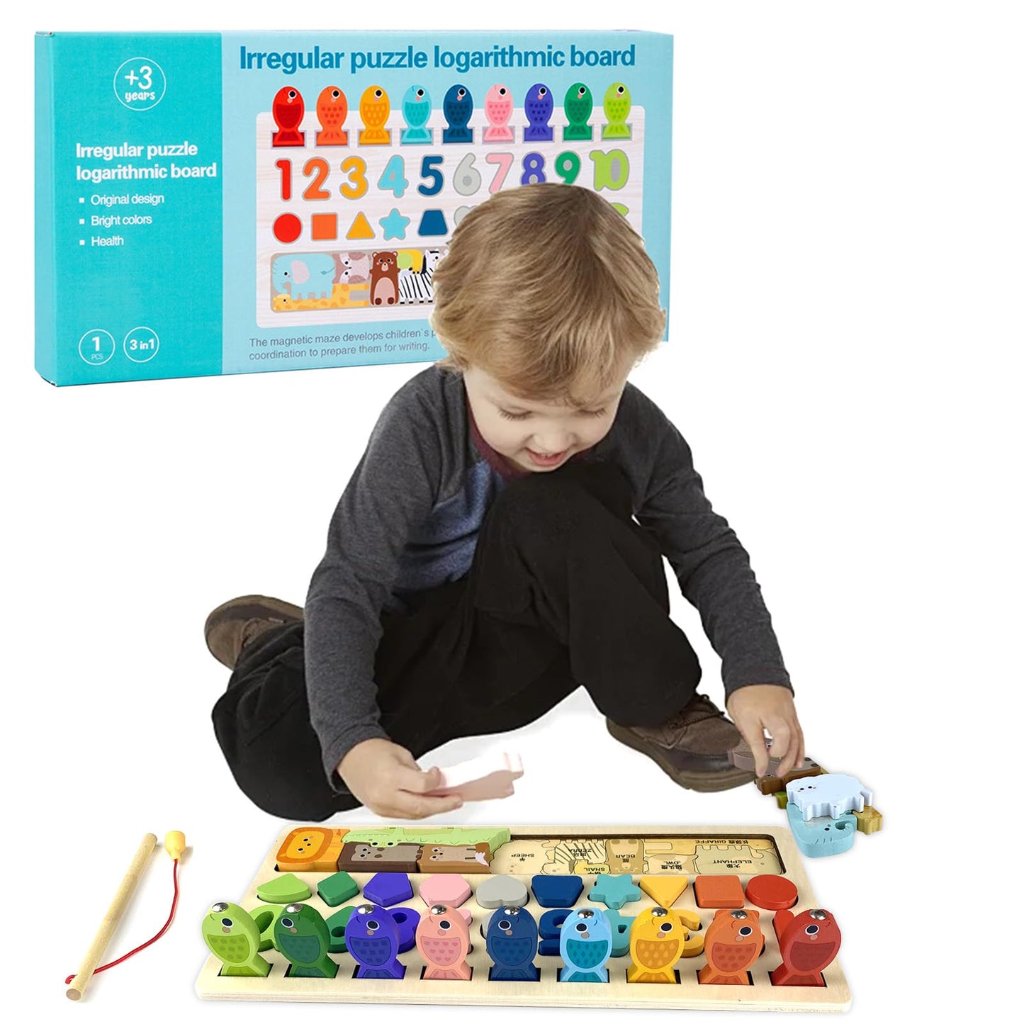 qmyawka Juguete Montessori,Juguetes de Madera,4 in 1 Juego Educativos Juguetes de Madera,Juguetes para Niños,Juguete Educativo Puzzle de Forma a Juego de Conteo de Pesca para 3 4 5 6 Años