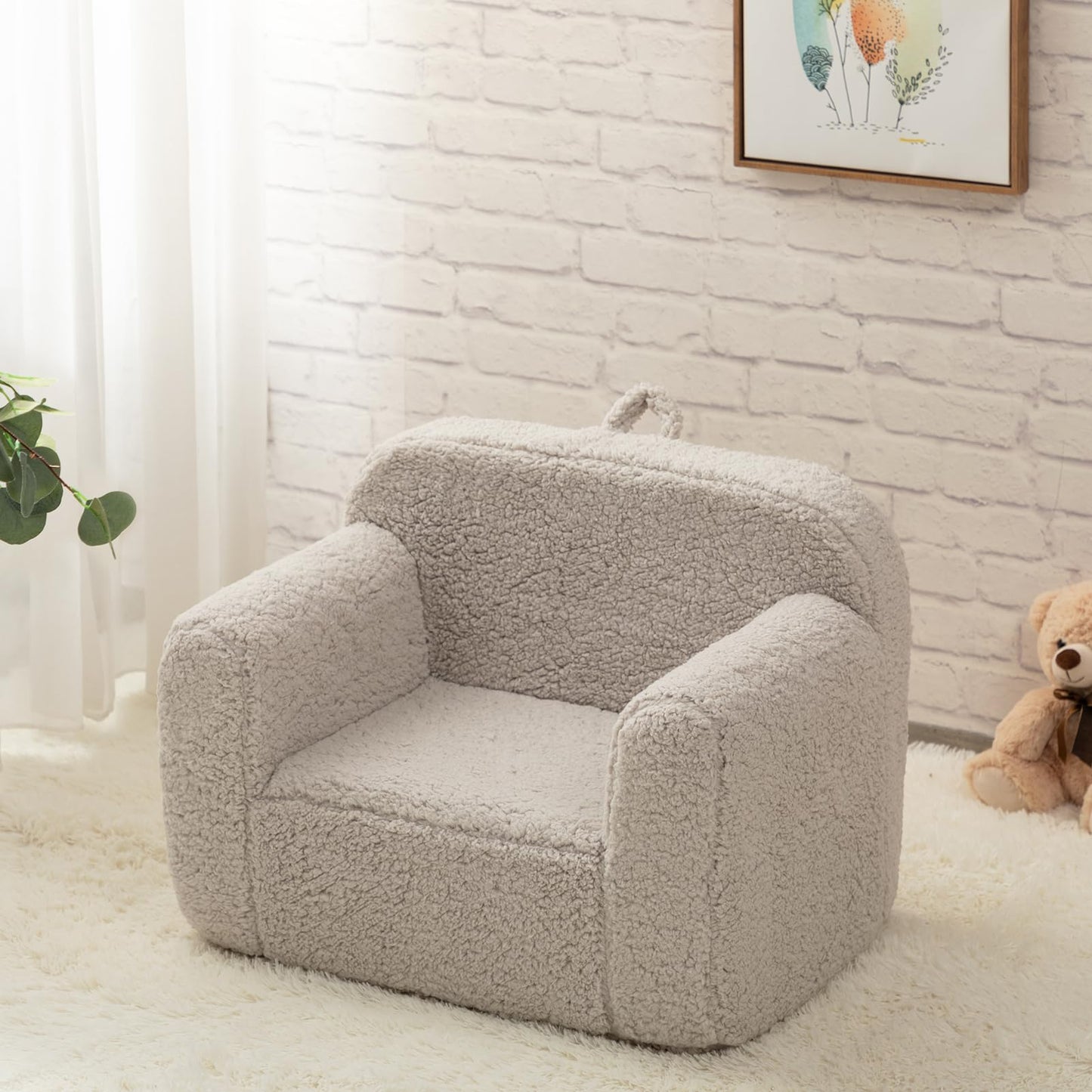 BEJOY Sillón Infantil Ultra-Suave, Sofá Infantil Individual de Espuma para Lectura, Diseño Acogedor de Sherpa para Niños y Niñas, Gris Claro