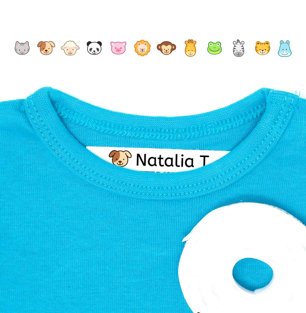 100 Etiquetas personalizadas con nombre e icono de color para marcar la ropa. Tela blanca termoadhesiva para planchar en camisetas, pantalones, abrigos y todo tipo de prendas. (Animales)