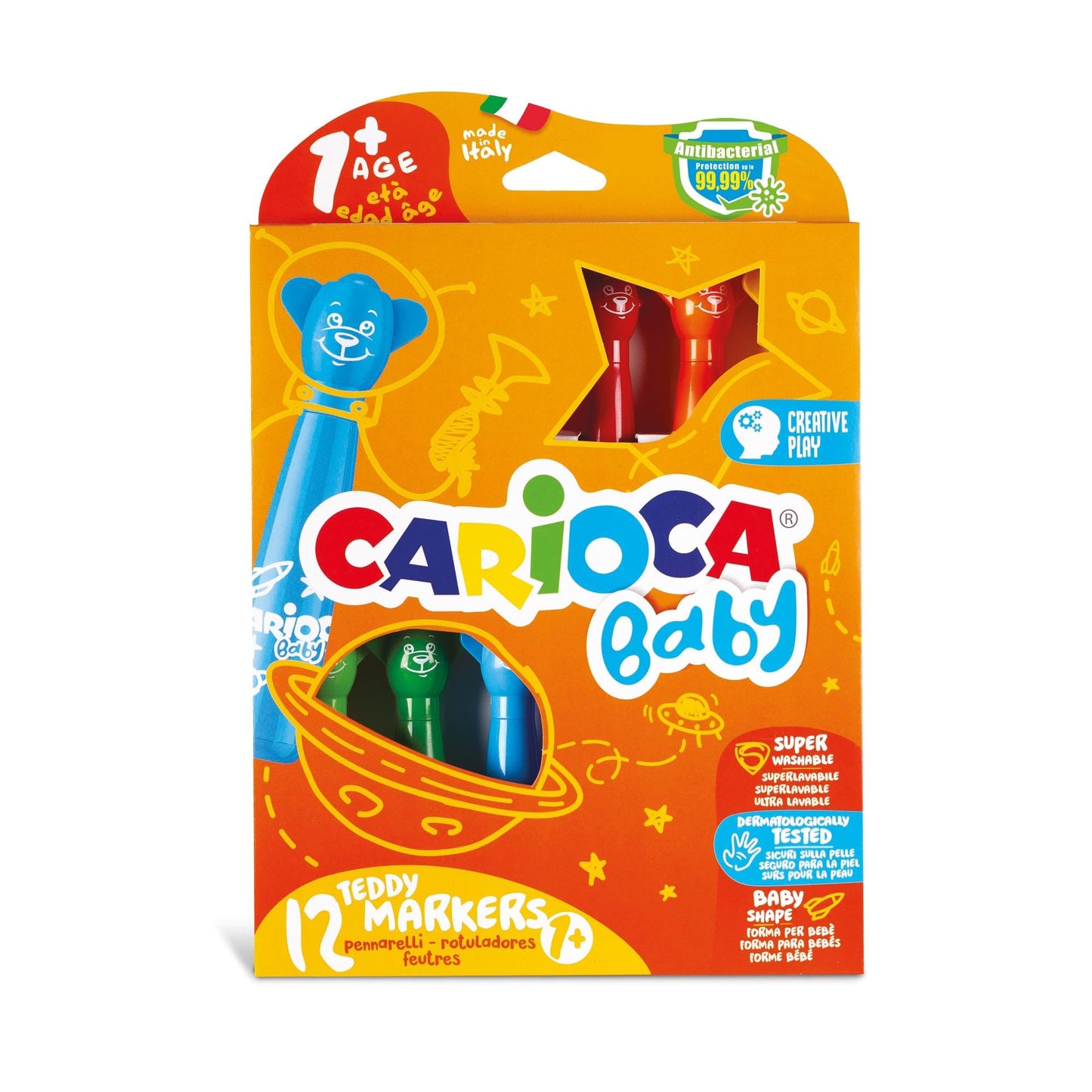 Carioca Baby Teddy, Rotuladores para Niños, Coloridos y Ergonómicos para los Pequeños, con Tinta Antibacteriana y Lavable, Colores Surtidos, 12 Piezas