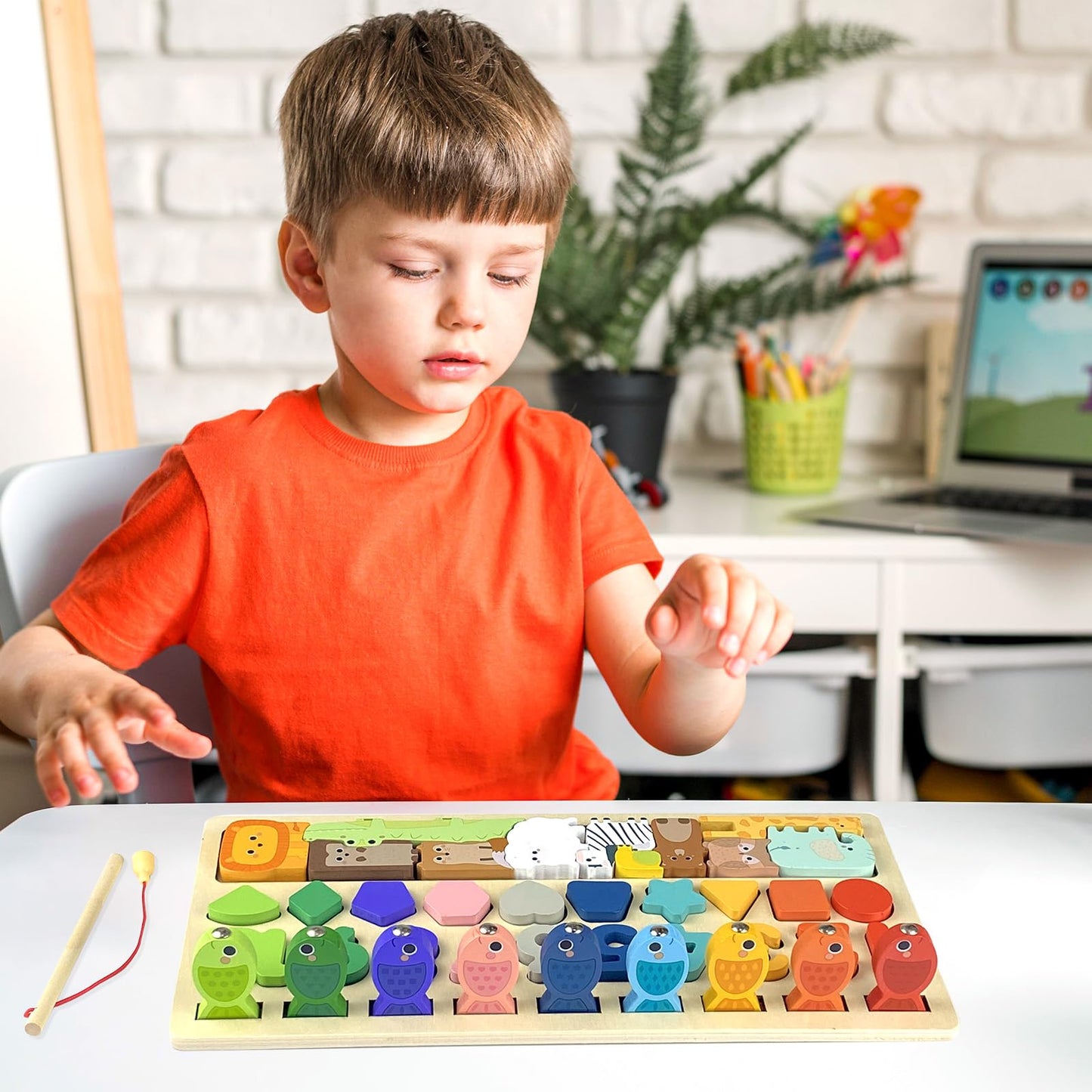 qmyawka Juguete Montessori,Juguetes de Madera,4 in 1 Juego Educativos Juguetes de Madera,Juguetes para Niños,Juguete Educativo Puzzle de Forma a Juego de Conteo de Pesca para 3 4 5 6 Años