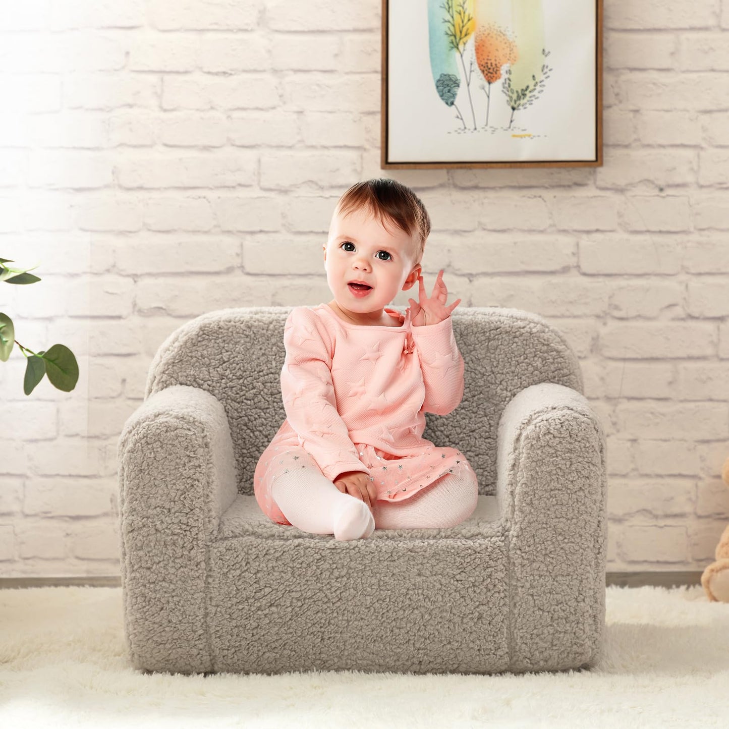 BEJOY Sillón Infantil Ultra-Suave, Sofá Infantil Individual de Espuma para Lectura, Diseño Acogedor de Sherpa para Niños y Niñas, Gris Claro