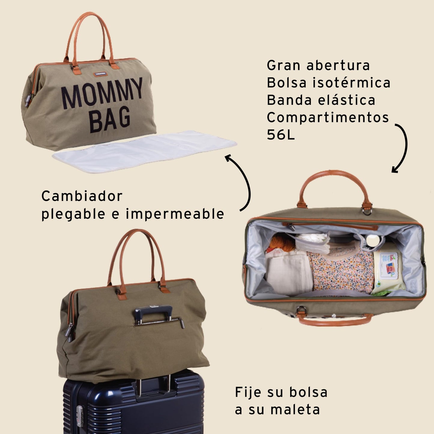 CHILDHOME Mommy Bag, bolso cambiador, maternidad, bolso de viaje, gran capacidad, cambiador, correa ajustable para el hombro, compartimentado, bolsillo termico, pasaje para la maleta, Caqui