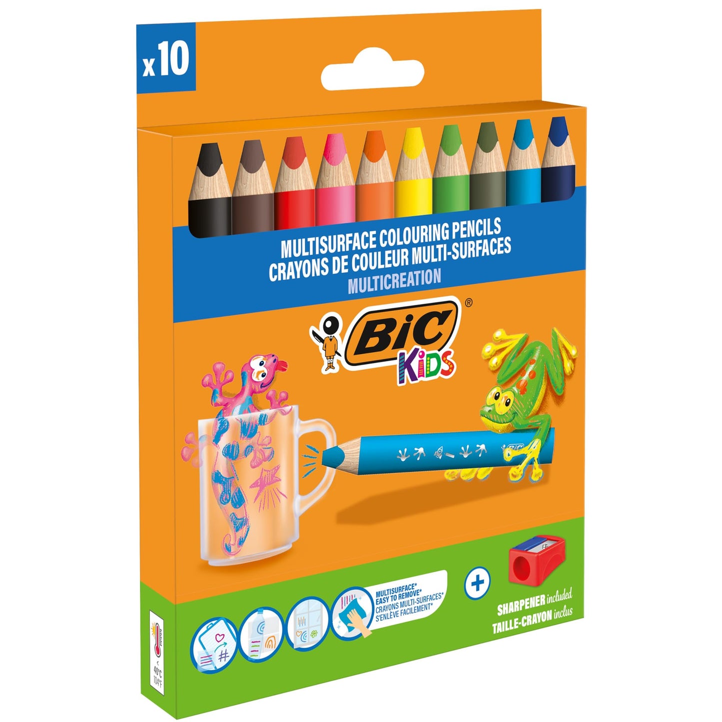 BIC Kids Lápices de Colores Multisuperficie con Cuerpo Triangular y Minas Borrables en Superficies No Porosas - Colores Surtidos, Pack de 10+1 Sacapuntas