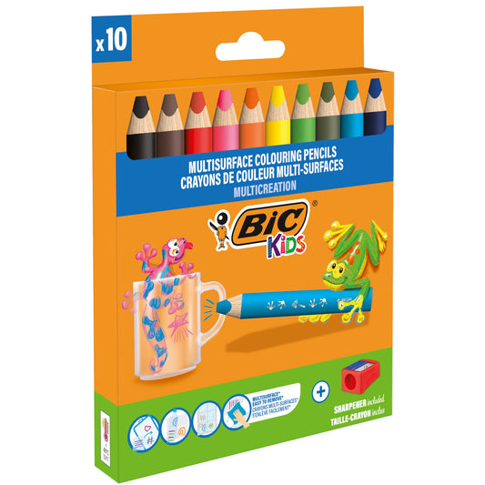 BIC Kids Lápices de Colores Multisuperficie com Cuerpo Triangular y Minas Borrables en Superficies No Porosas - Colores Surtidos, Pack de 10+1 Sacapuntas