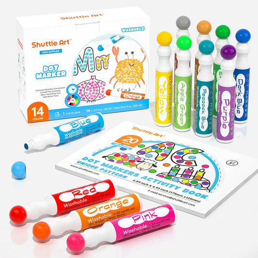 Shuttle Art 14 Colores Marcador de Puntos Lavable (40ml), Rotuladores Niños Lavables No Tóxico para Creación con 1 Libro de Actividades de Puntos, Dot Markers para Educación Preescolar