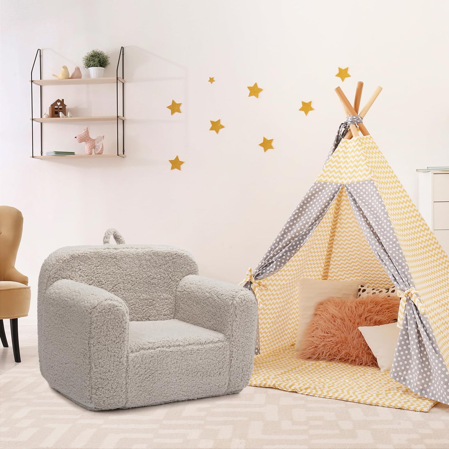 BEJOY Sillón Infantil Ultra-Suave, Sofá Infantil Individual de Espuma para Lectura, Diseño Acogedor de Sherpa para Niños y Niñas, Gris Claro