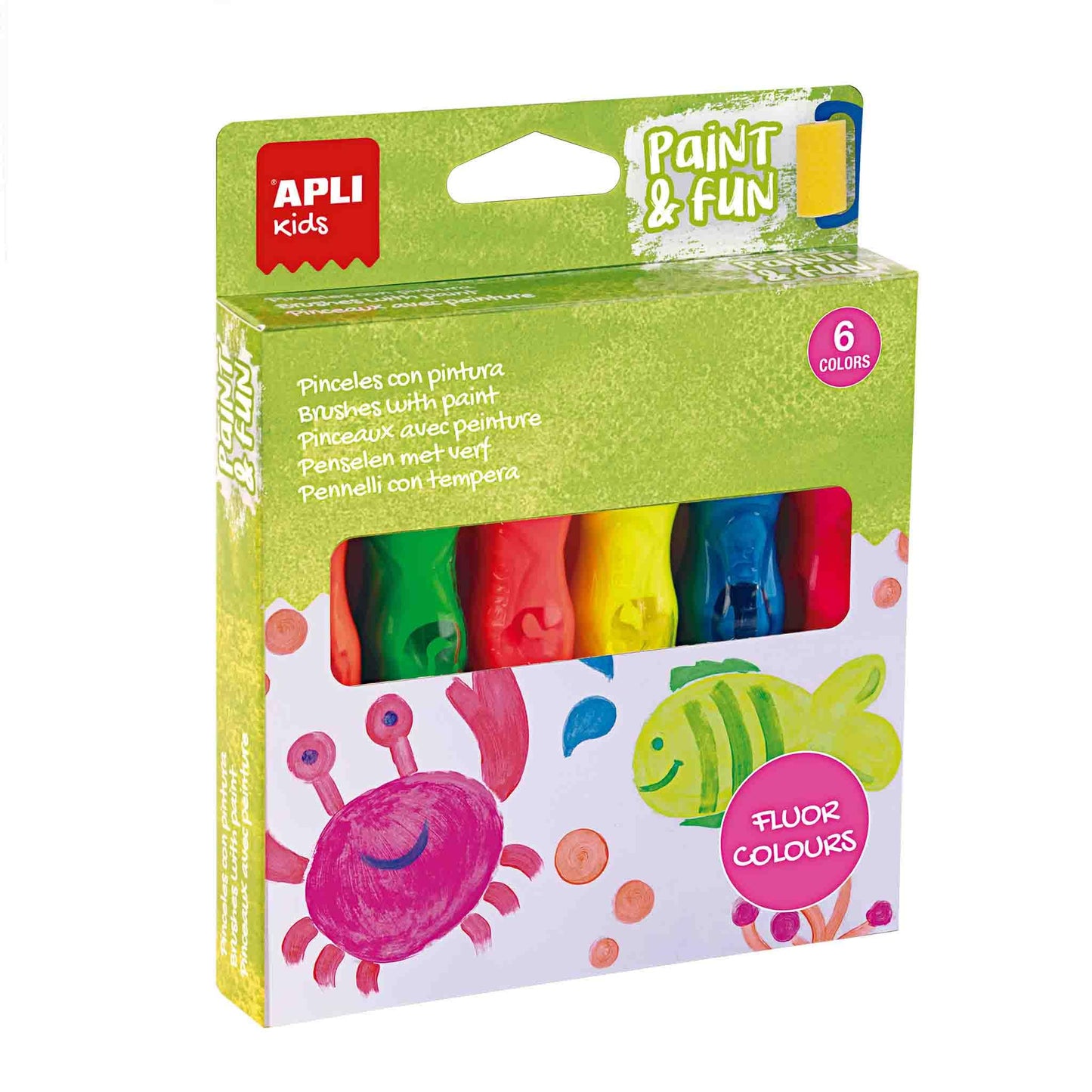 APLI Kids 19418 - Temperas en tubo con pincel, pintura infantil de colores flúor, 6 pinceles de 14ml, juego de pintura lavable para niños