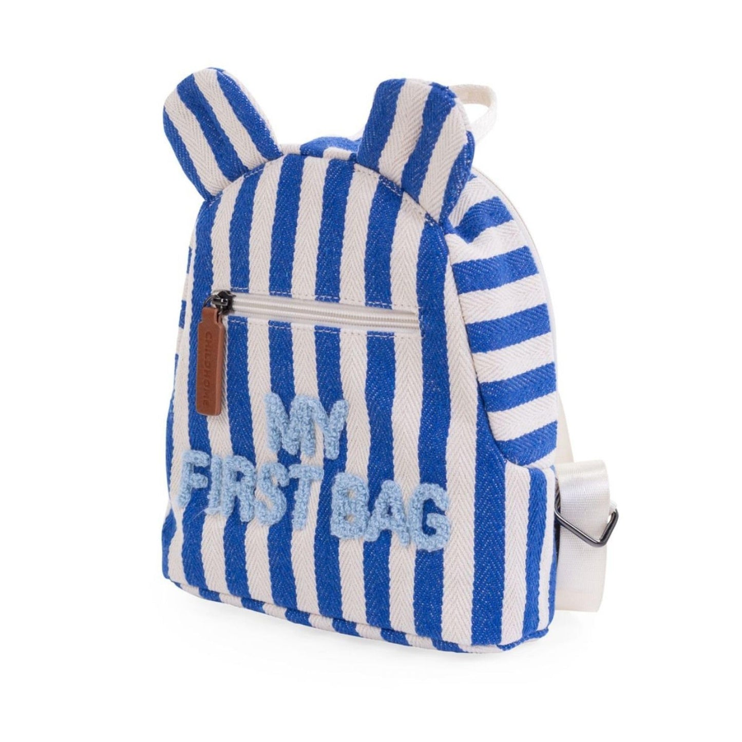 CHILDHOME, mochila infantil bebé, escuela, guardería, dos compartimentos, capacidad adecuada para almuerzos y botella, hebilla de seguridad extraíble, deslizante, My First Bag, rayas azul