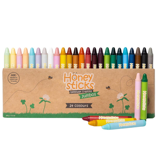 Honeysticks Crayones jumbo (paquete de 24) - Crayones no tóxicos para niños - 100% cera de abeja pura y colores de grado alimenticio - 24 colores brillantes - crayones grandes, fáciles de sostener y