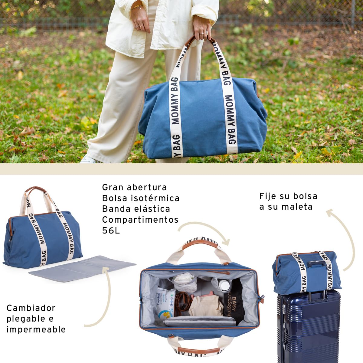 CHILDHOME, Mommy Bag, bolso cambiador, maternidad, bolso de viaje, gran capacidad, cambiador, correa ajustable, compartimentado, bolsillo térmico, abertura para la maleta, Signature Azul