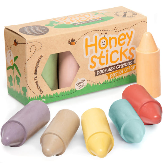 Honeysticks Lápices de colores de cera de abeja (paquete de 12) - Colores pastel, no tóxicos, seguros para niños 1 +, hechos con cera de abeja natural y colores de calidad alimentaria