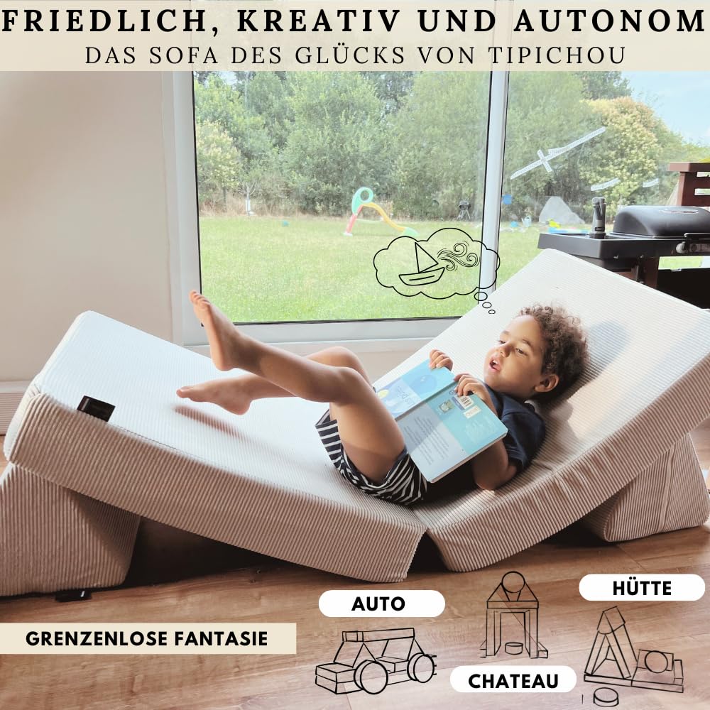 Sofá infantil Convertible – Calentador de 2 plazas Transformable en cama supletoria, zona de juego, sillón, colchón de suelo – Ideal para regalo para niños – Posibilidades de juego infinitas (blanco