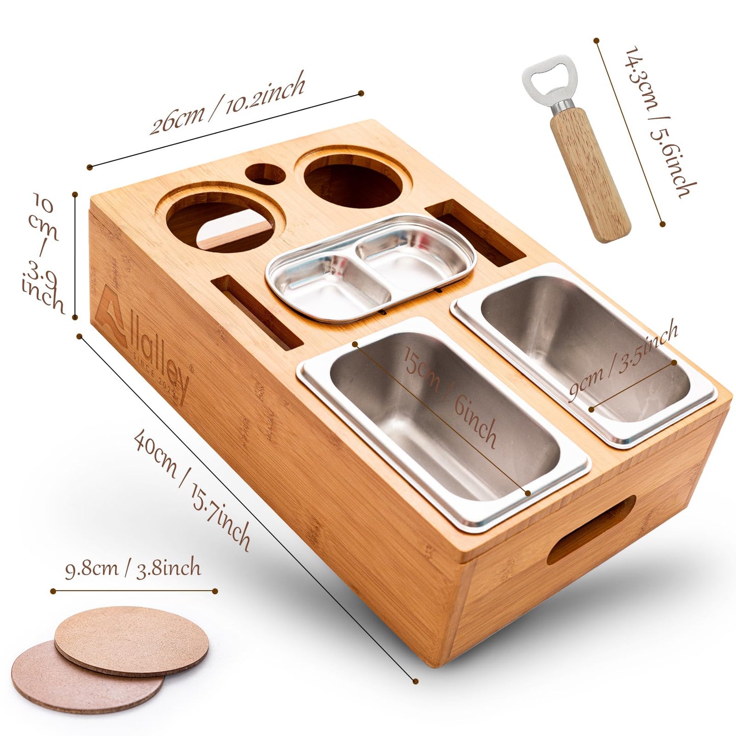 Allalley CouchBar – Práctica bandeja para sofá con dos cuencos para aperitivos, organizador de platos de salsa y soporte para botellas con caja de aperitivos extraíble, organizador de sofá, bandeja