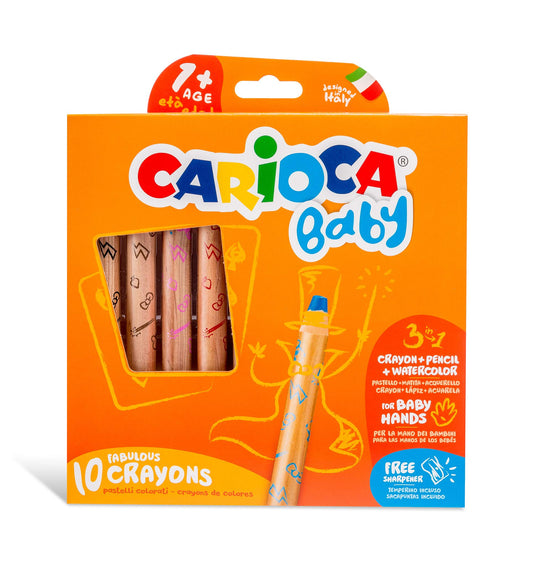 Crayones Carioca Bebé 3en1 | Super Lápices de Colores 3 en 1, Lápices de Colores, Acuarelas y Ceras, Todo en 1. Colores Surtidos, 10 Uds.