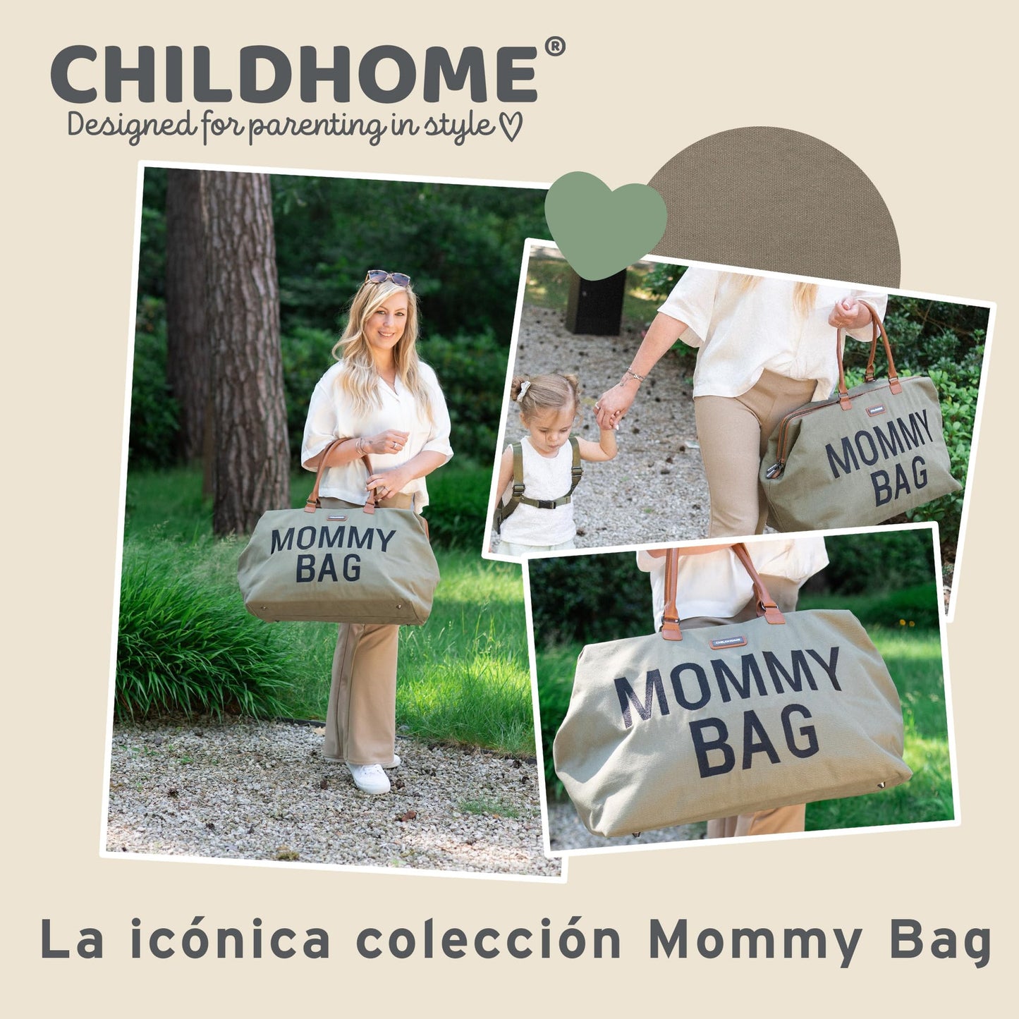 CHILDHOME Mommy Bag, bolso cambiador, maternidad, bolso de viaje, gran capacidad, cambiador, correa ajustable para el hombro, compartimentado, bolsillo termico, pasaje para la maleta, Caqui