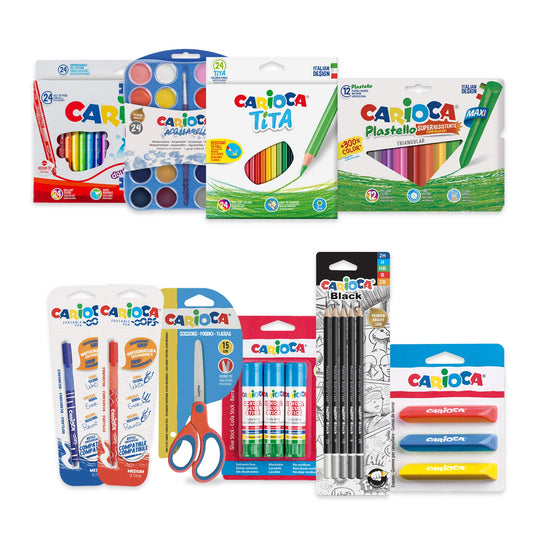 CARIOCA Volta às Aulas | Set Papelería Vuelta al Cole com Lápices de Colores y de Grafito, Acuarelas com Pincel, Rotuladores, Bolígrafos Borrables, Ceras, Gomas, Tijeras y Pegamento de Barra, 100 Uds