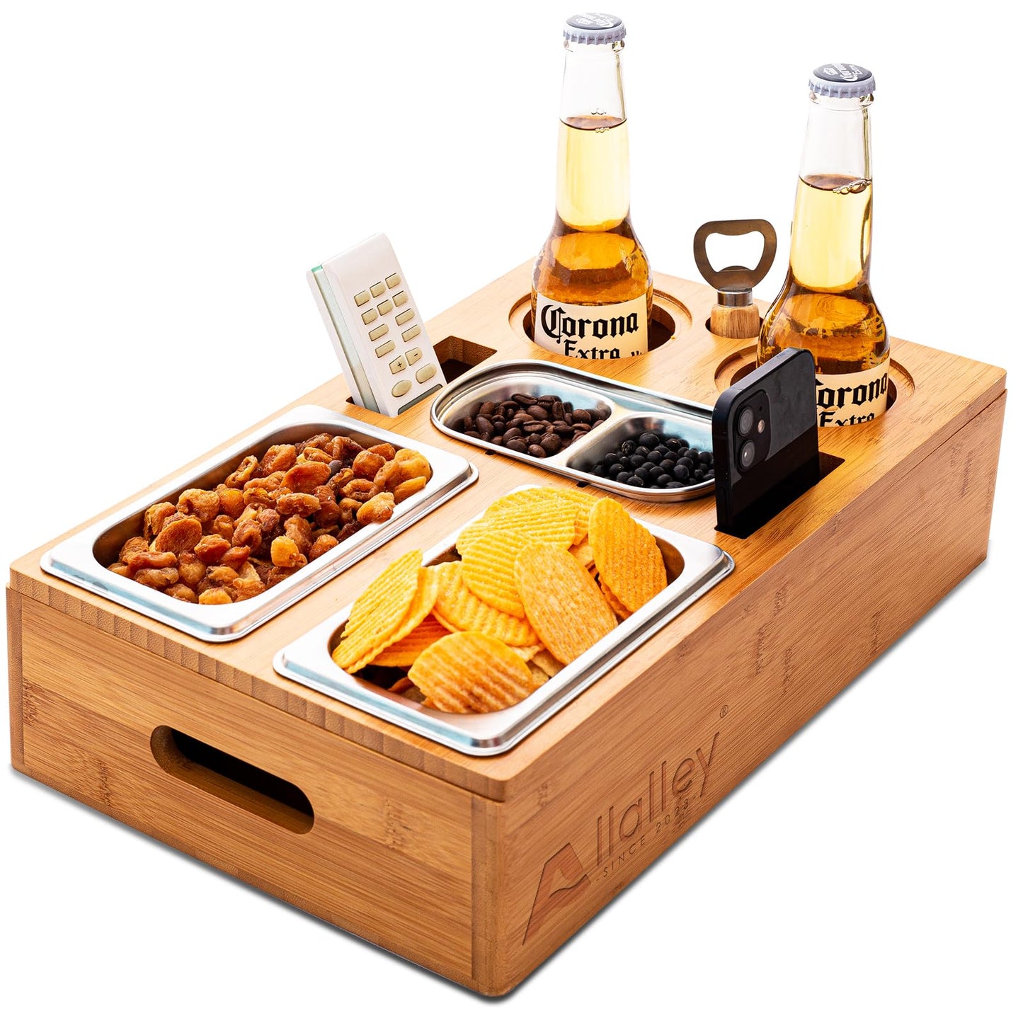 Allalley CouchBar – Práctica bandeja para sofá con dos cuencos para aperitivos, organizador de platos de salsa y soporte para botellas con caja de aperitivos extraíble, organizador de sofá, bandeja