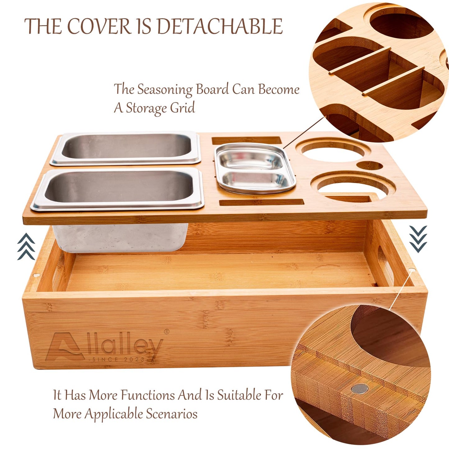 Allalley CouchBar – Práctica bandeja para sofá con dos cuencos para aperitivos, organizador de platos de salsa y soporte para botellas con caja de aperitivos extraíble, organizador de sofá, bandeja