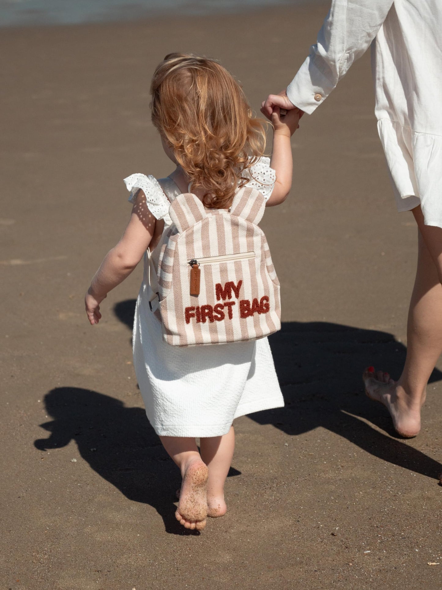 CHILDHOME, Mochila de bebé, escuela, jardín de infancia, guardería, dos compartimentos, bolsa de almuerzo, hebilla de seguridad extraíble, resistente al agua, mi primera bolsa, Rayas Terracotta