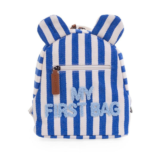 CHILDHOME, mochila infantil bebê, escuela, guardería, dos compartimentos, capacidade adequada para almuerzos y botella, hebilla de seguridad extraíble, deslizante, My First Bag, raias azul