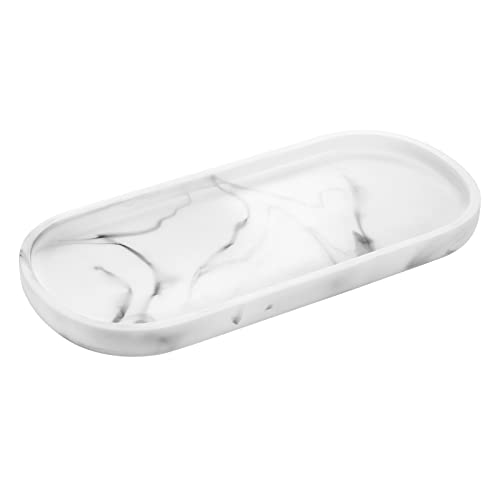 Luxspire Bandeja Elíptico de Resina de Cuarto de Baño, Joyería, Decoración de Hogar, Salón y Dormitorio, Plato Organizador para Velas, Jabón, Toalla, Planta, 24,5 * 11.3 * 1.8 CM - Blanco Mármol